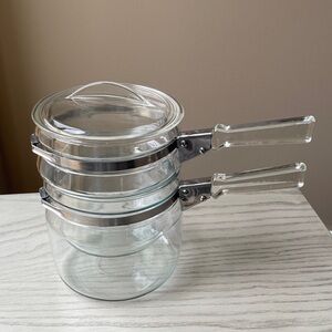 Vintage Pyrex Flameware  Glass Double Boiler 6763 Stove Top Cookware 3 PC